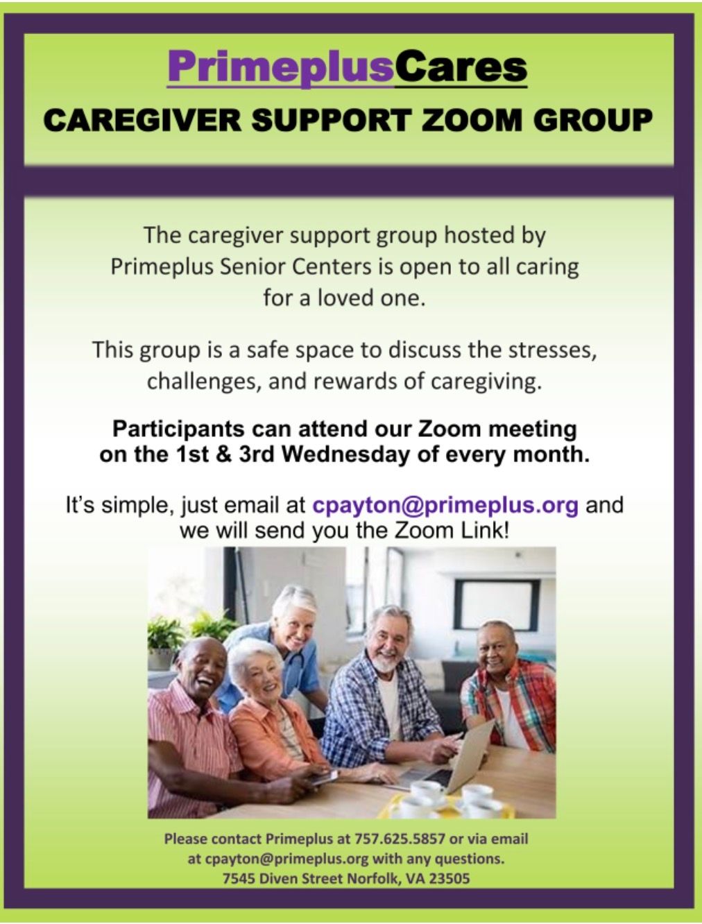 Flyer for Primeplus Cares caregiver support Zoom group. Details: meeting on the 1st & 3rd Wednesday, email cpayton@primeplus.org for Zoom link.