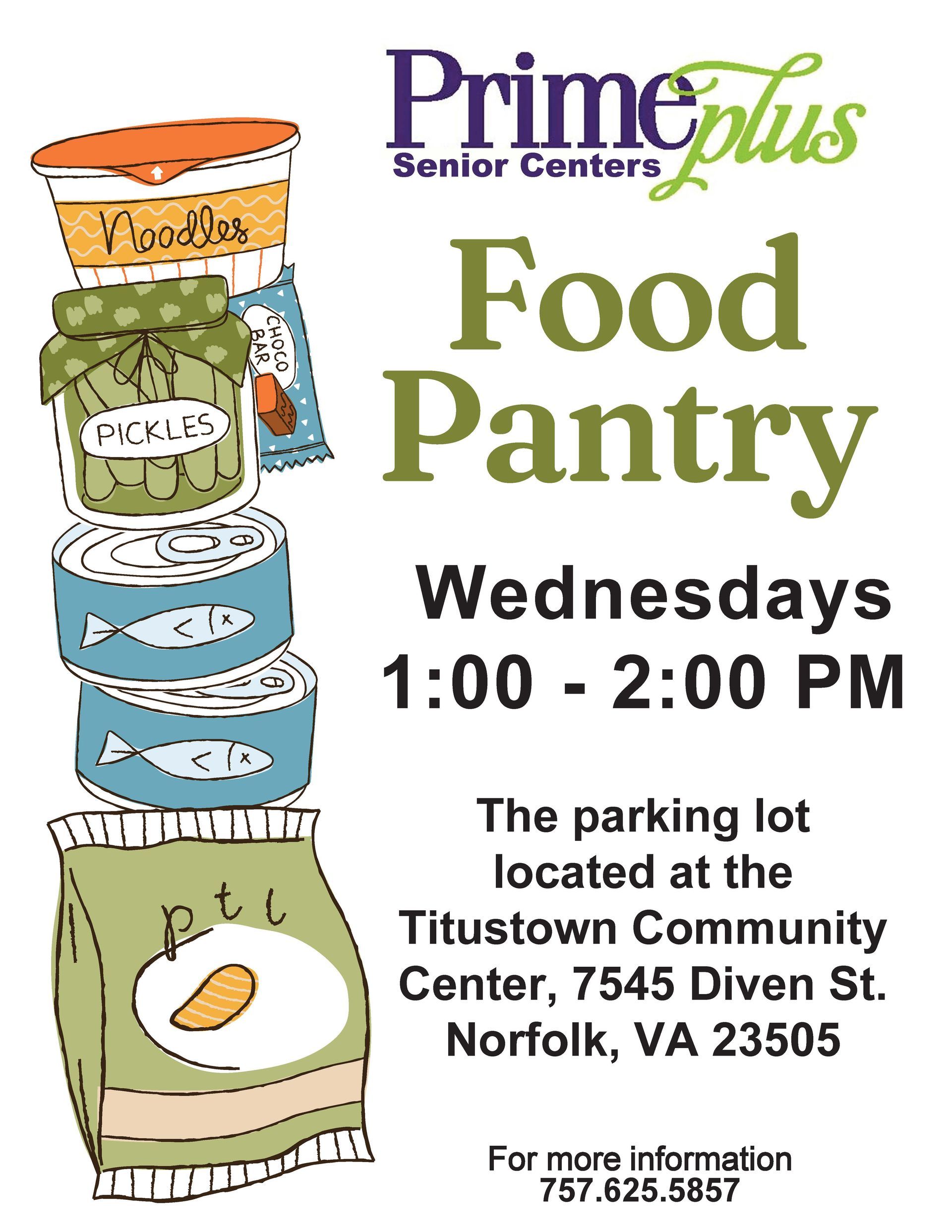 Food pantry flyer. PrimePlus Senior Centers. Wednesdays 1-2 PM. Titustown Community Center parking lot, Norfolk, VA.