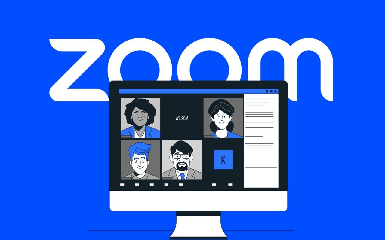 Zoom meeting on a computer screen. Blue background, Zoom logo, four people in video call.