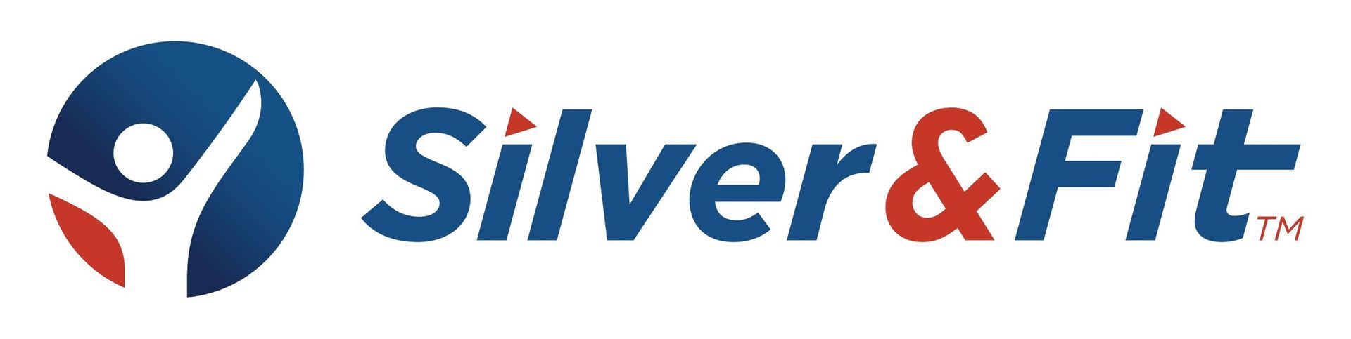 Logo for Silver & Fit: Blue and red emblem of a person reaching up within a blue circle; text 