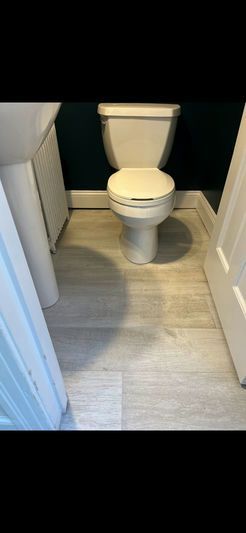 A small bathroom with a toilet, sink, and light wood-look flooring. Dark teal walls.