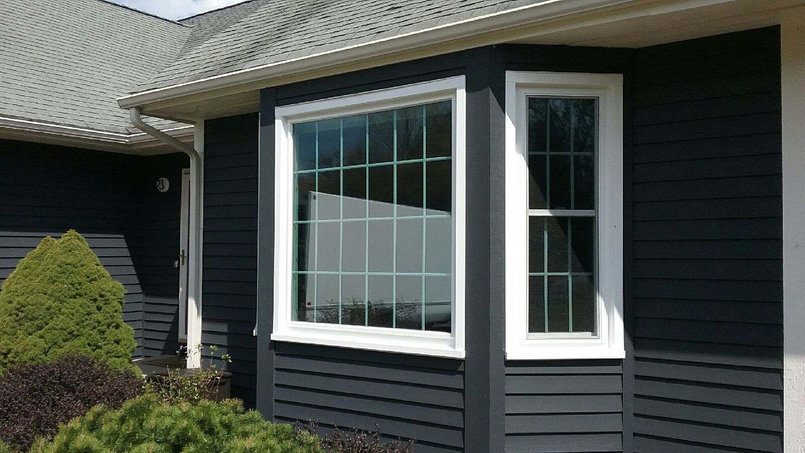 Black house exterior with white-framed bay window and adjacent window. Green shrubbery in front.