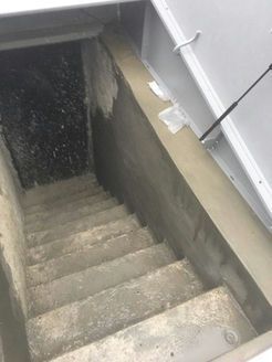 Concrete staircase leading down into a dark shelter, viewed from an open, light-colored door.