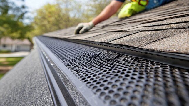 Man installing gutter guard on roof with asphalt shingles.
