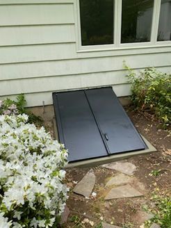 Black cellar door on a concrete foundation, below a window. Situated on a side of a light-colored house, next to bushes.