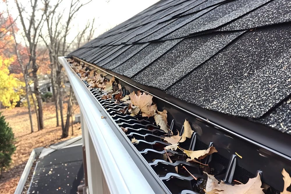 Gutter filled with fallen leaves on a roof with asphalt shingles; autumn scene.