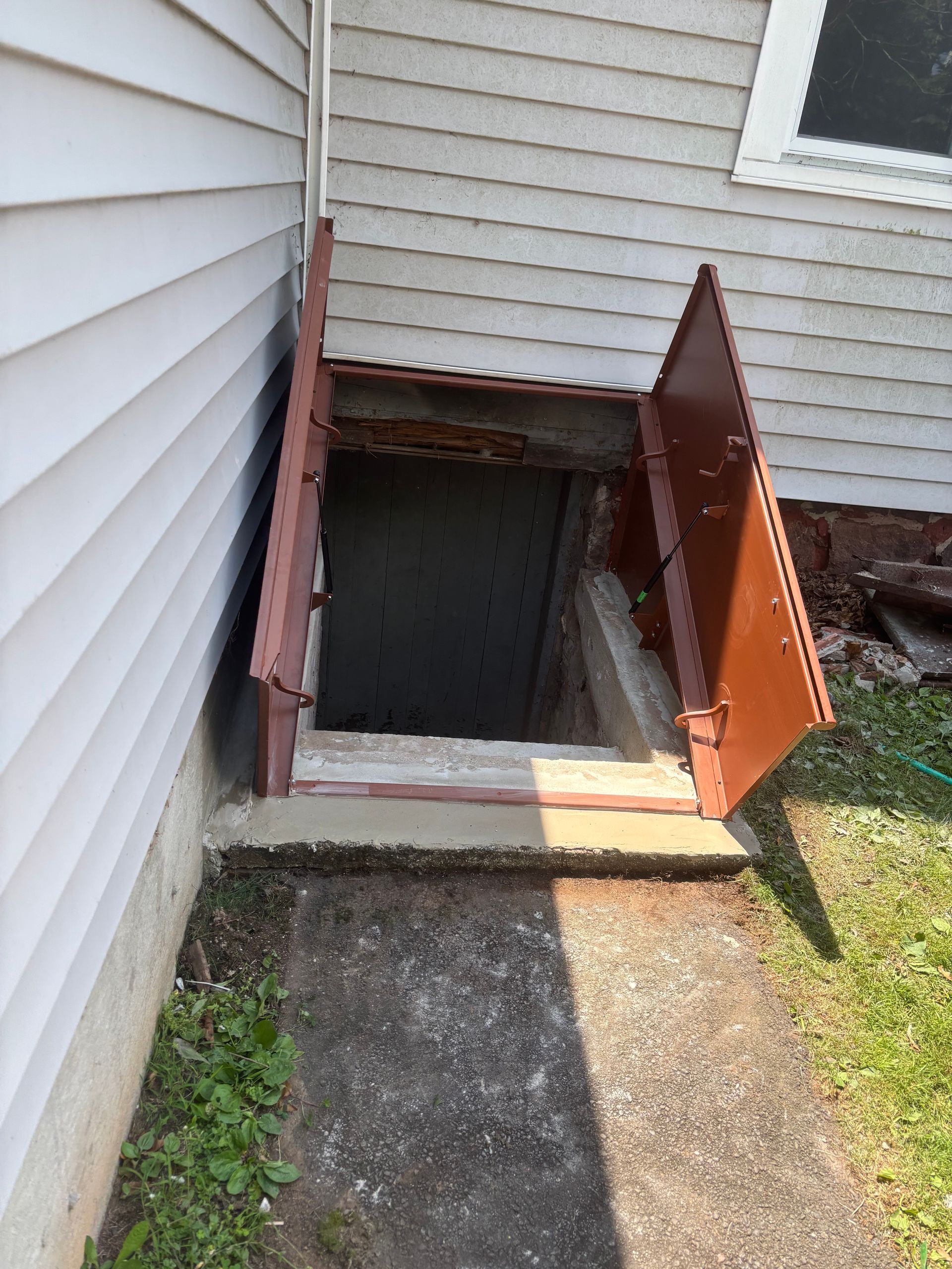 Brown basement door open, leading to dark opening. Concrete walkway and grass beside the house.