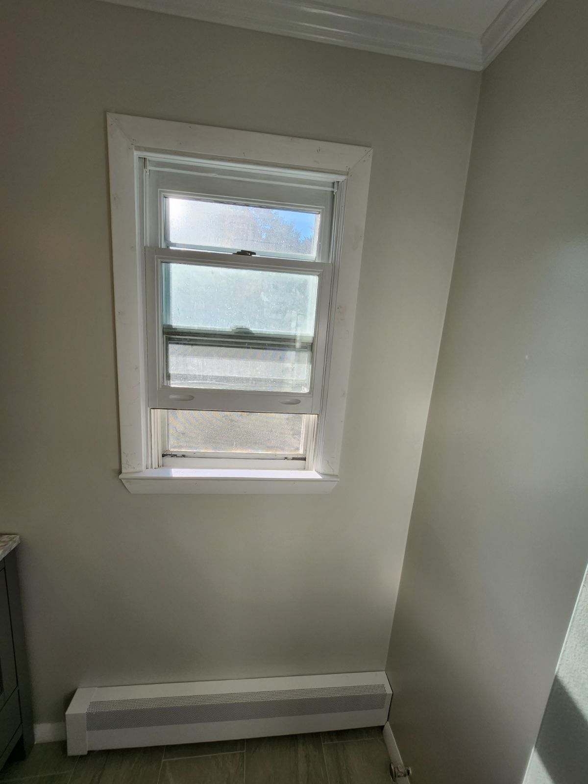 Window in a room with white trim, light gray walls, and a radiator below.