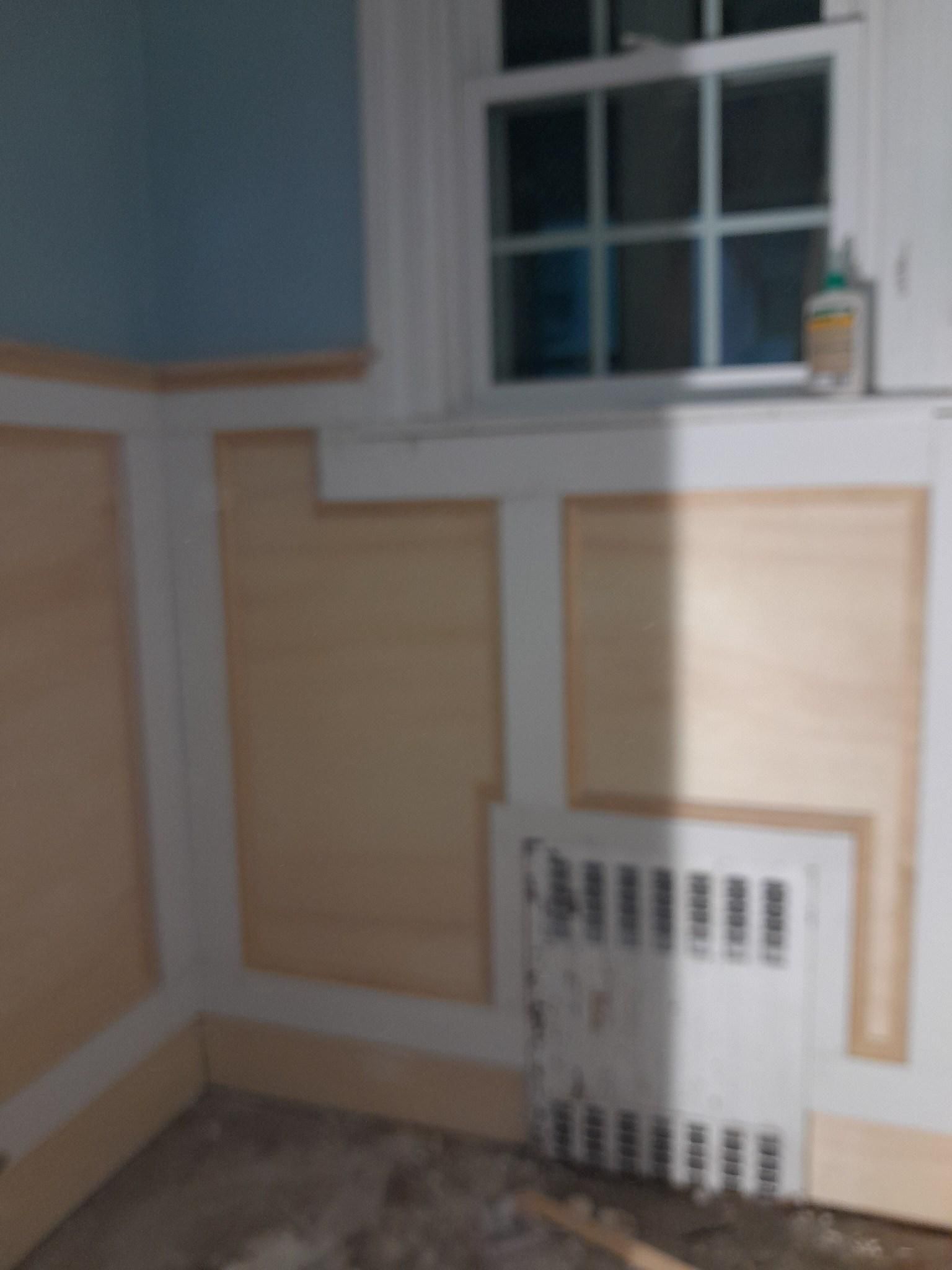 Wall paneling with a radiator beneath a window; light wood and white trim.