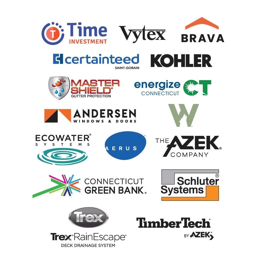 Logos of various home improvement brands, including Time, CertainTeed, Kohler, Andersen, and Trex.