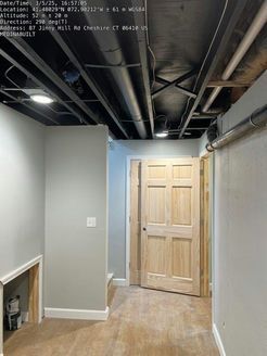 Basement hallway with painted ceiling, light gray walls, wooden door, and carpet.