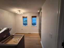 Empty room with two windows, a light fixture, wood-look flooring, and a cabinet.