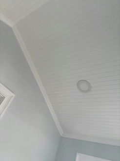 White paneled ceiling with a recessed light and crown molding, above light blue walls.