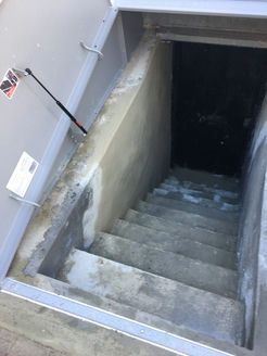Concrete stairs lead down into a dark, rectangular doorway.