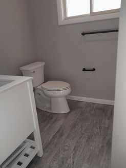 Bathroom with toilet, white vanity, gray walls, and wood-look flooring.