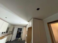 Kitchen under construction; white cabinets, drywall ceiling, doorway, dog visible, and recessed light.