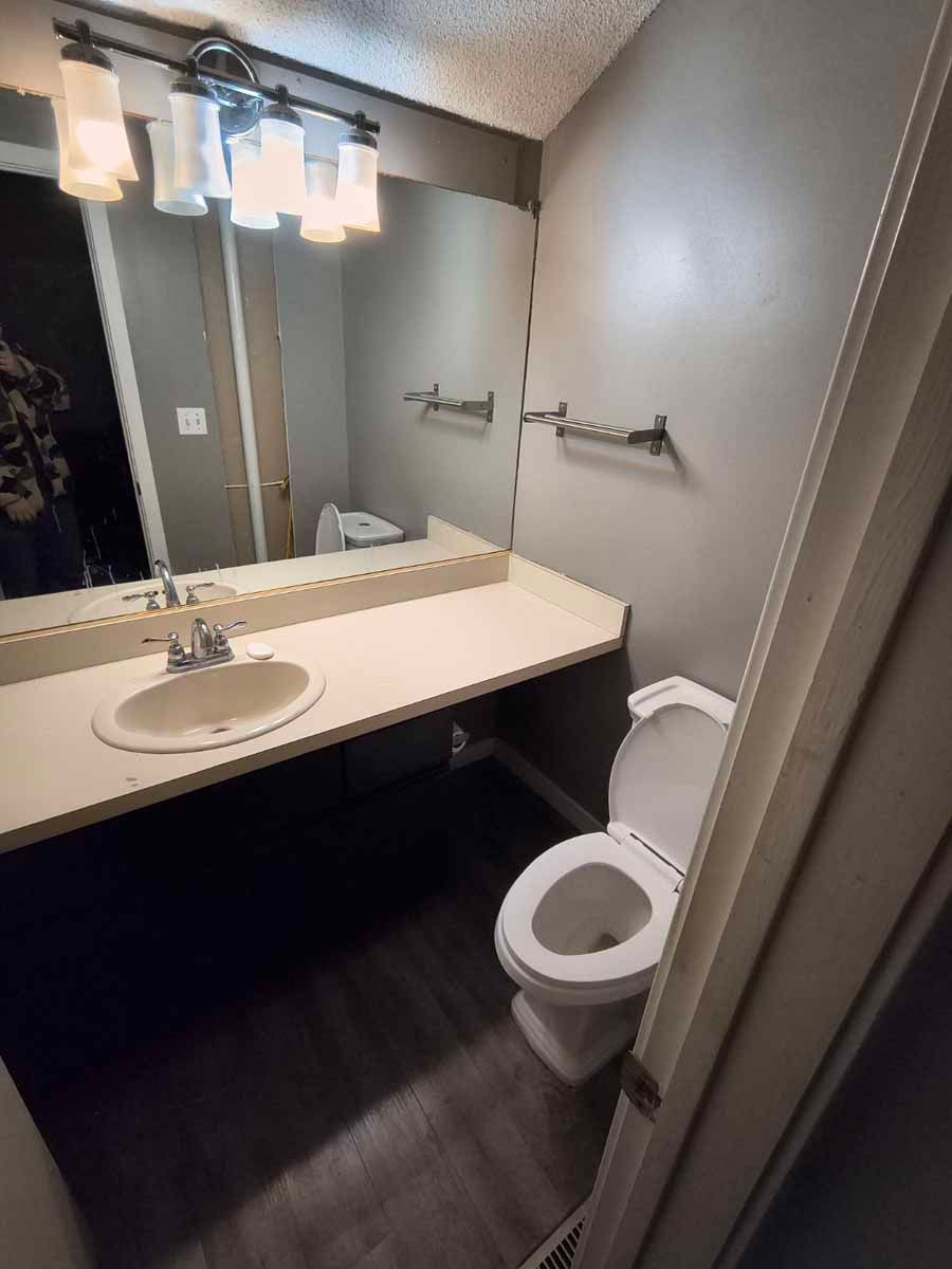 Bathroom with a toilet, sink, mirror, and towel racks; gray walls, dark wood-look floor, and bright lights.