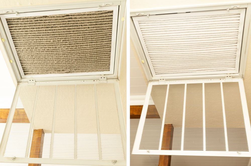 Air filter comparison: dirty filter (left) vs. clean filter (right) in white vent frame.