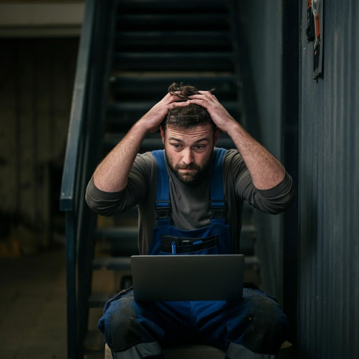 Man in blue overalls, hands on head, looks stressed while using a laptop on stairs.