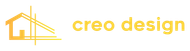 A logo for creo design with a house on it