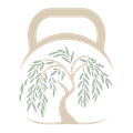 The logo for willowfit is a kettlebell with a tree in the middle.
