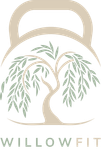 The logo for willowfit is a kettlebell with a tree in the middle.