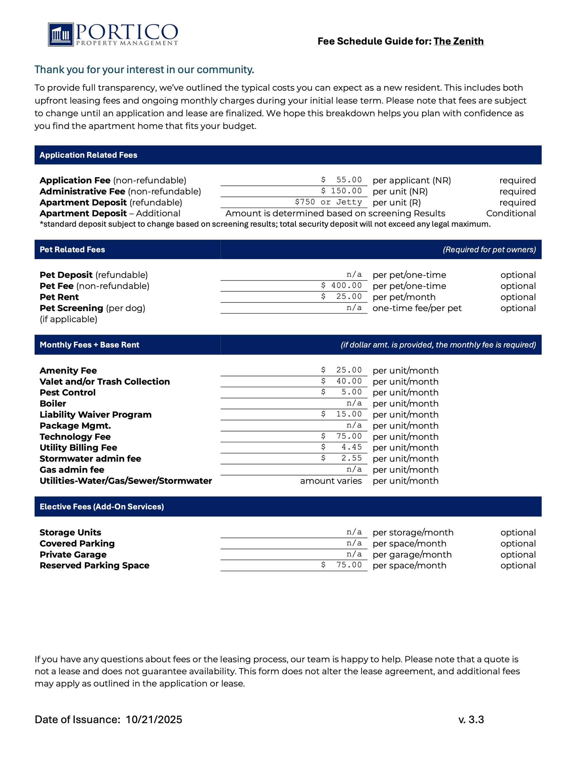 The Zenith Fee Sheet.