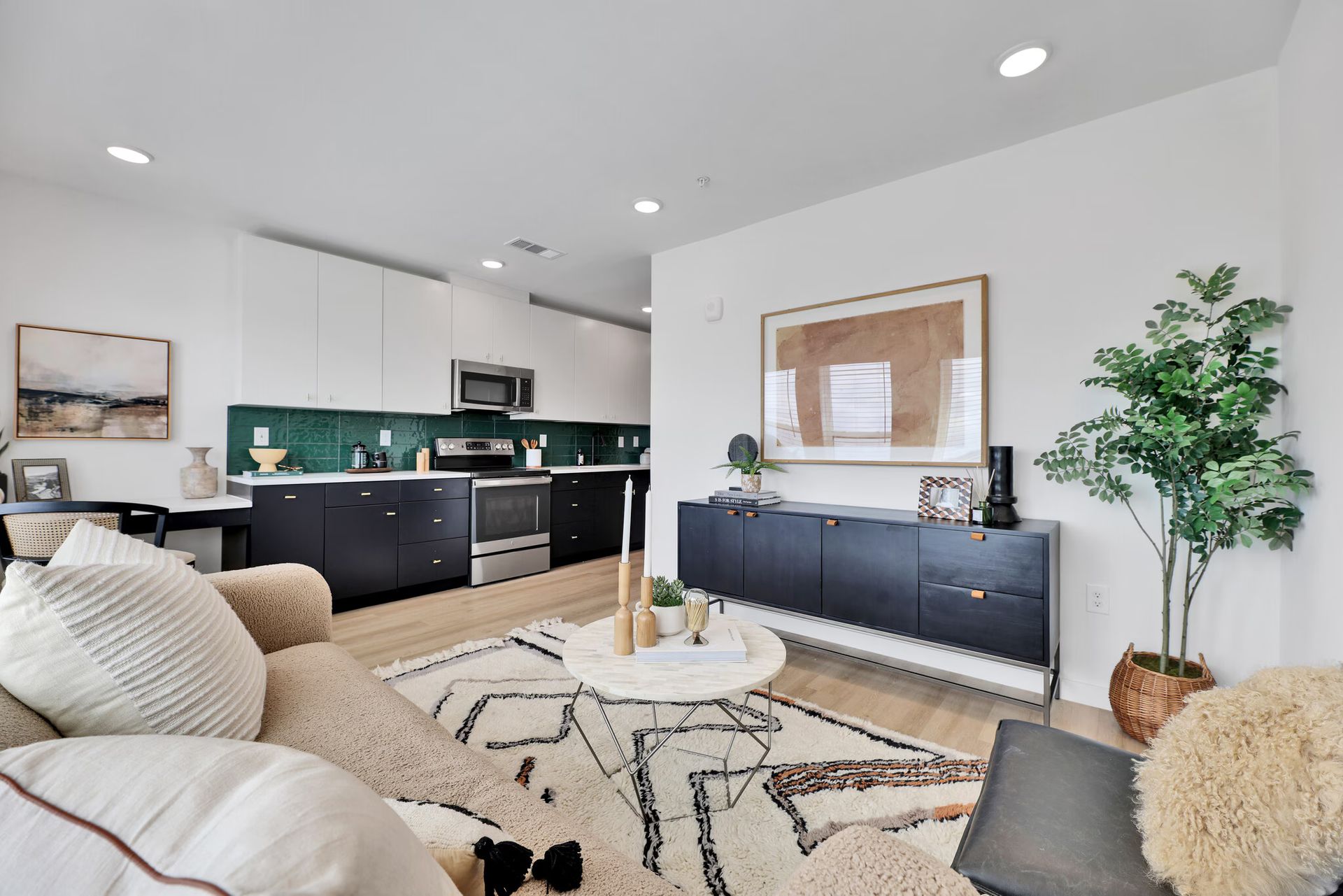 Living room with open kitchen, white walls, dark cabinets, rug, sofa, table, and plant.