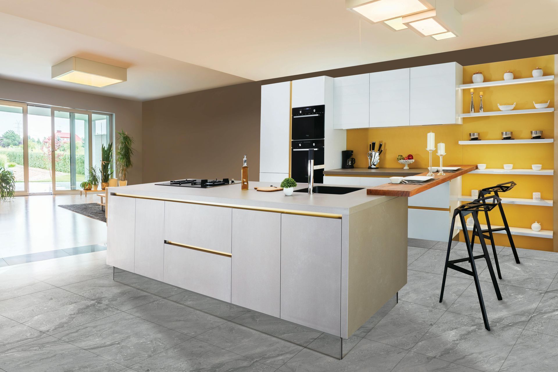A kitchen with a stove , oven , sink , and two windows.