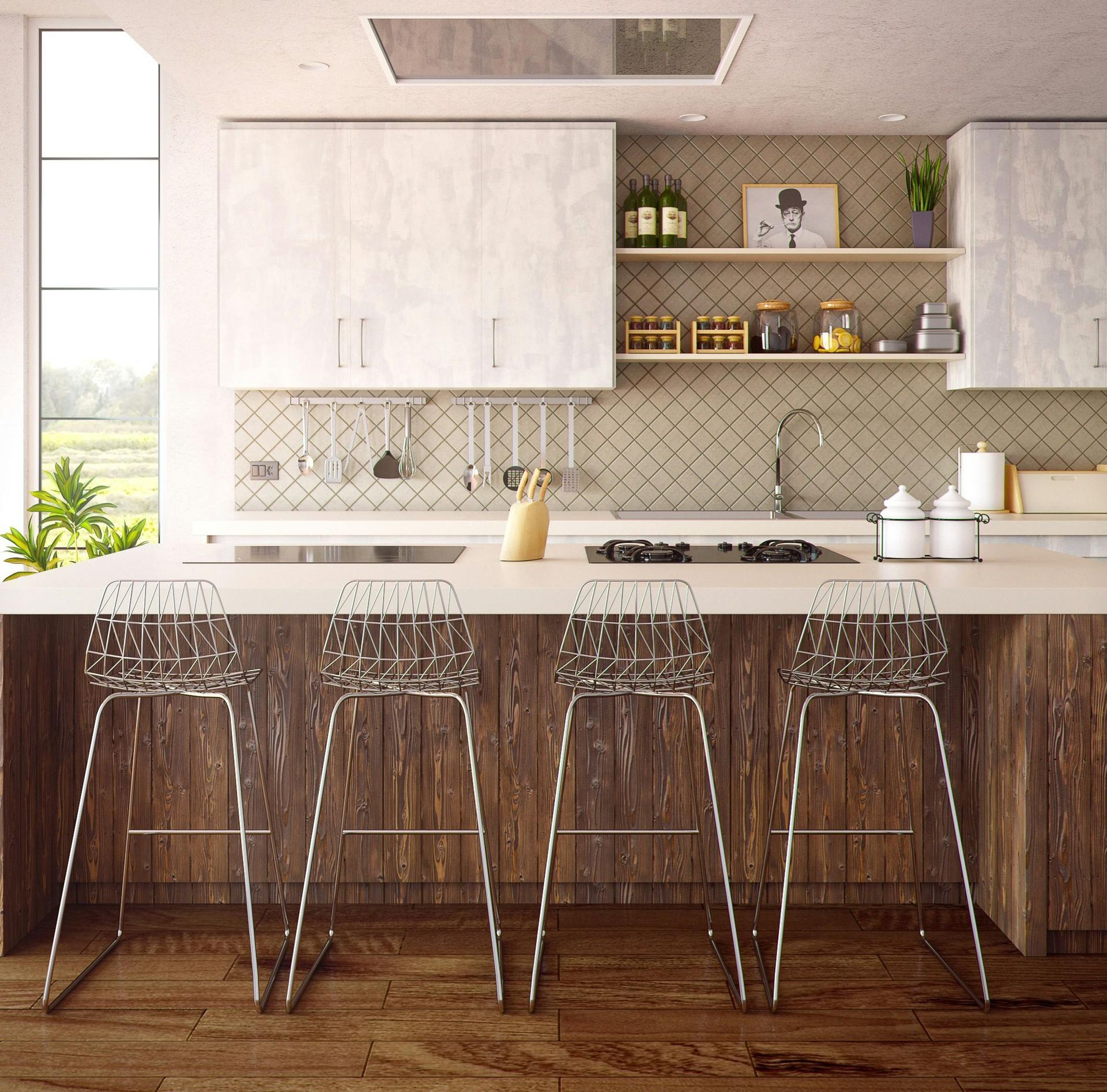 A kitchen with white cabinets , a large island , stools and a window.
