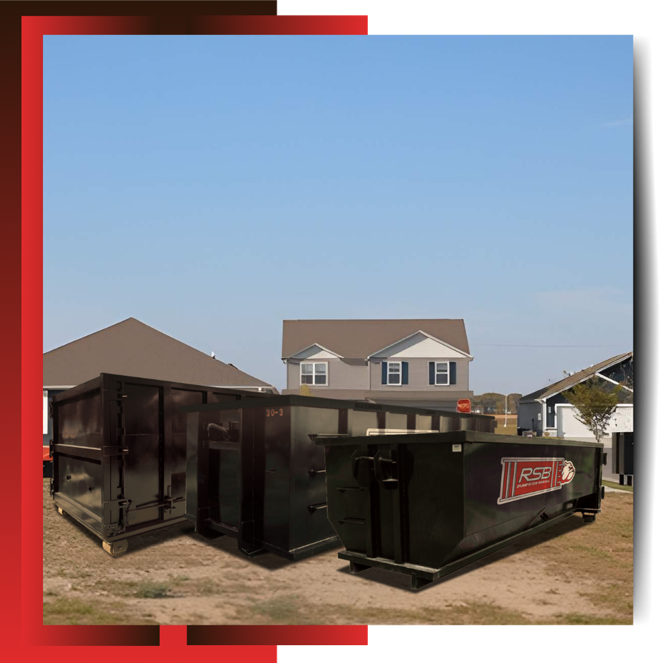 RSB Dumpsters lined up in front of houses