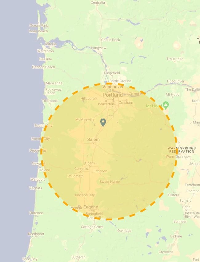 A map of a city with a circle around it.