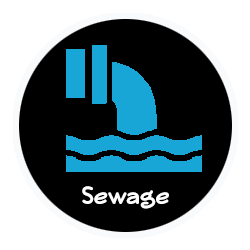 A blue sewage icon in a black circle on a white background.