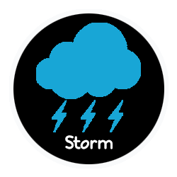 A blue cloud with lightning bolts coming out of it in a black circle.