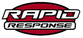 A red and white logo for rapid response on a white background.