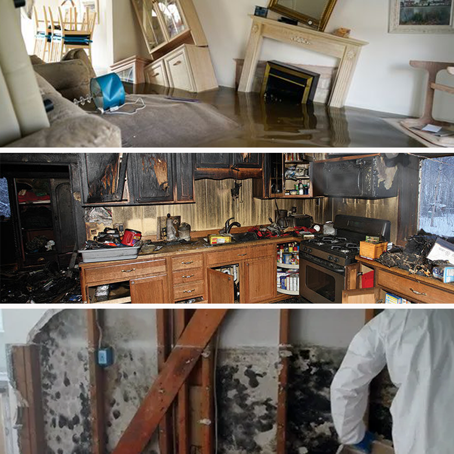 A collage of three pictures of a flooded house