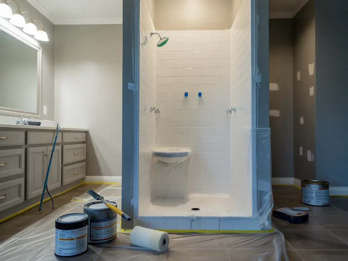 Bathroom under renovation with shower stall, vanity, and painting supplies.