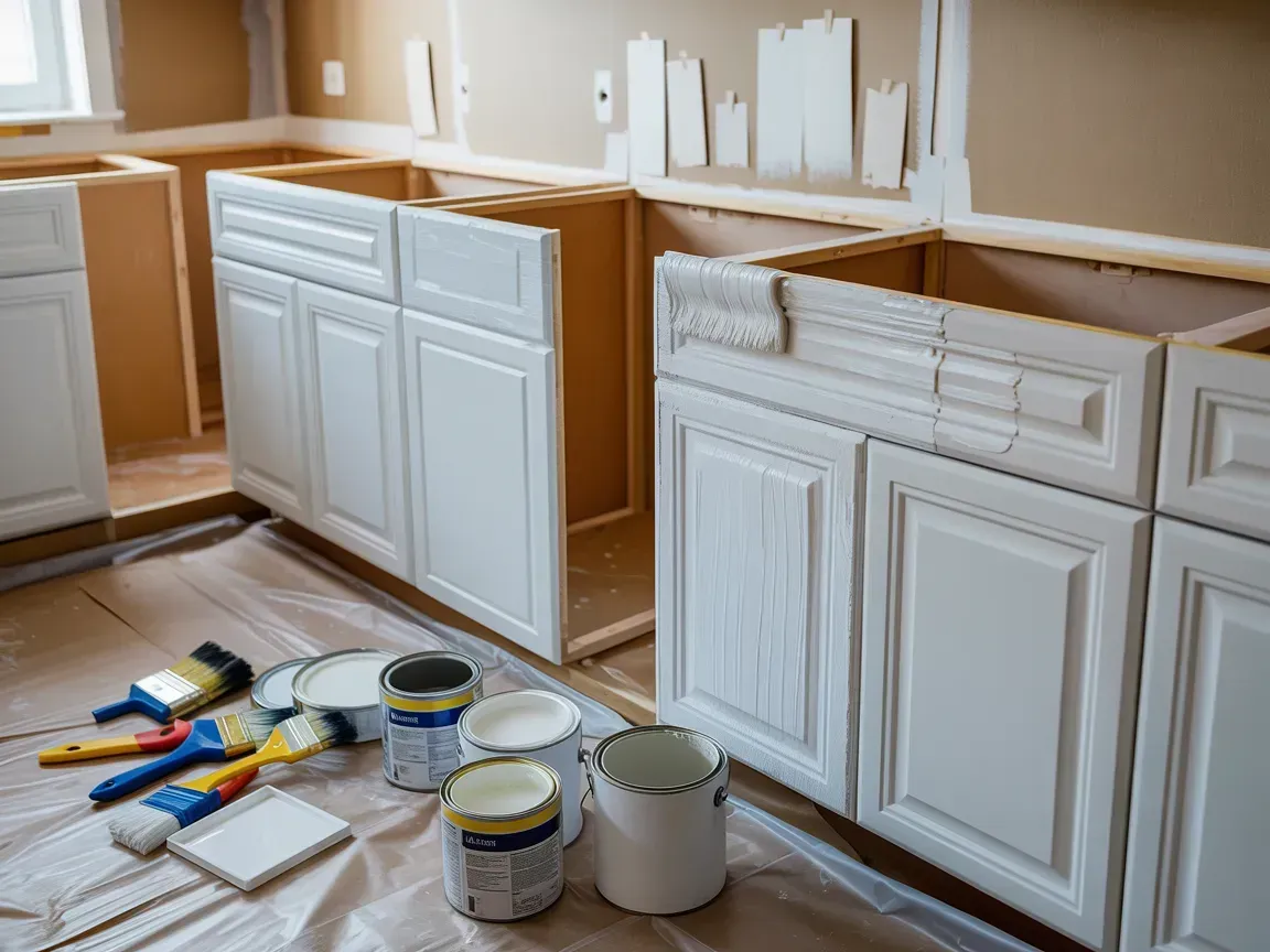 Kitchen cabinets being painted white during a renovation, with paint cans, brushes, and a drop cloth.