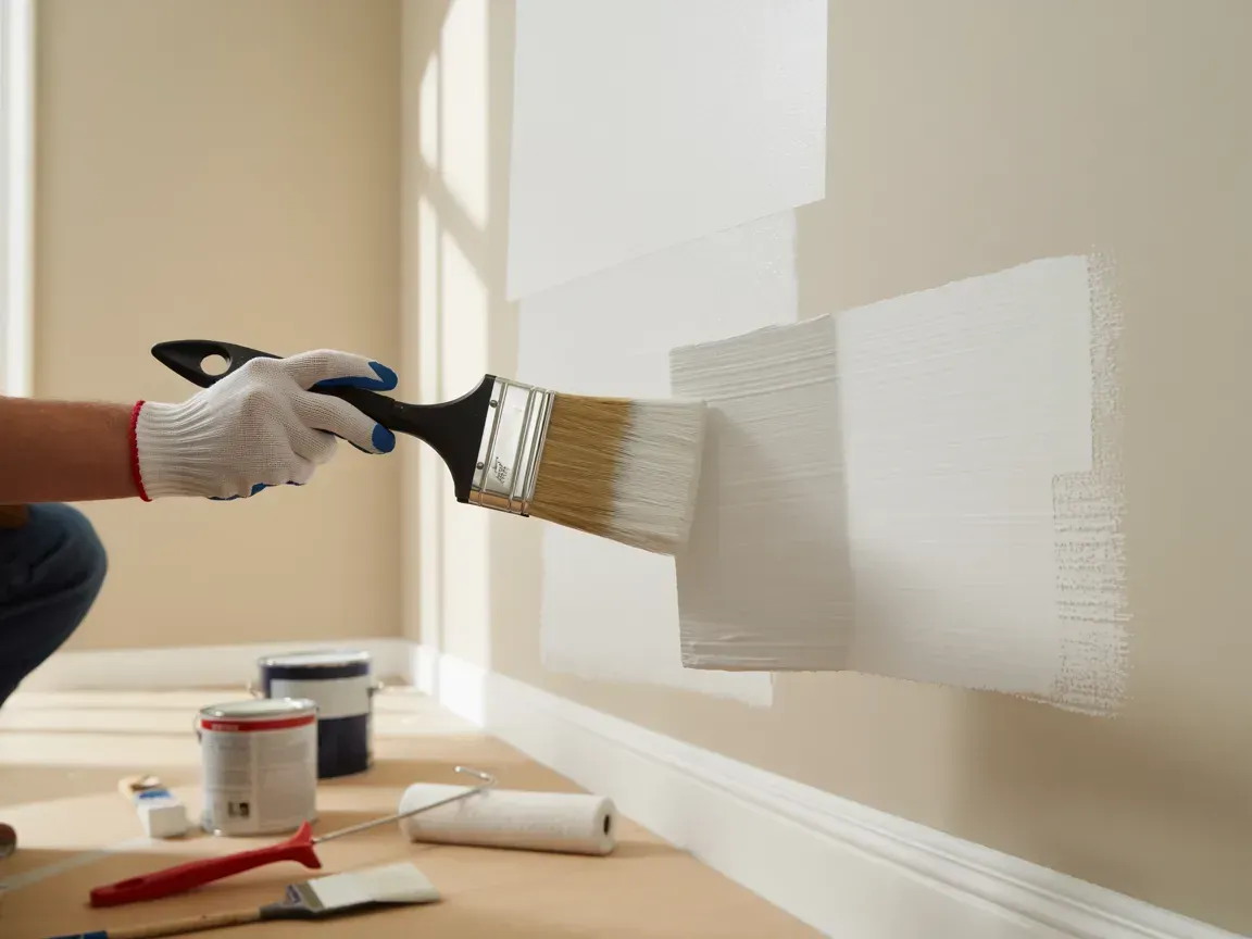 Person painting a wall white with a brush, wearing gloves. Paint cans and a roller are nearby.