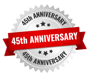 Silver and red 45th Anniversary badge with stars.