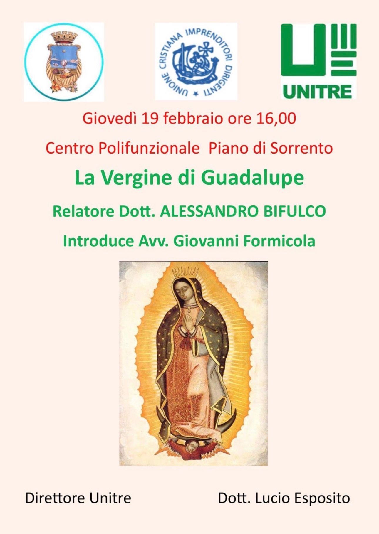 Volantino per una conferenza sulla Madonna di Guadalupe tenuta dal dott. Alessandro Bifulco a Piano di Sorrento, Italia.