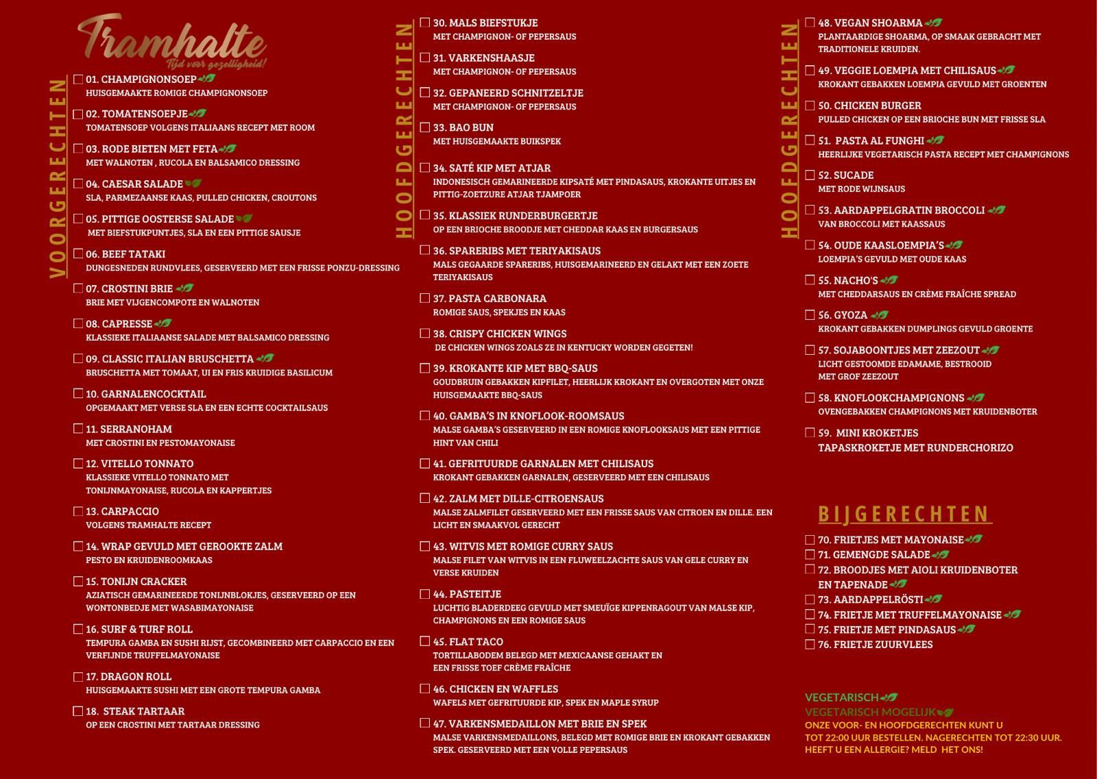Menu voor restaurant Tramhalte & Plein 7 met opties voor voorgerechten, hoofdgerechten en desserts.