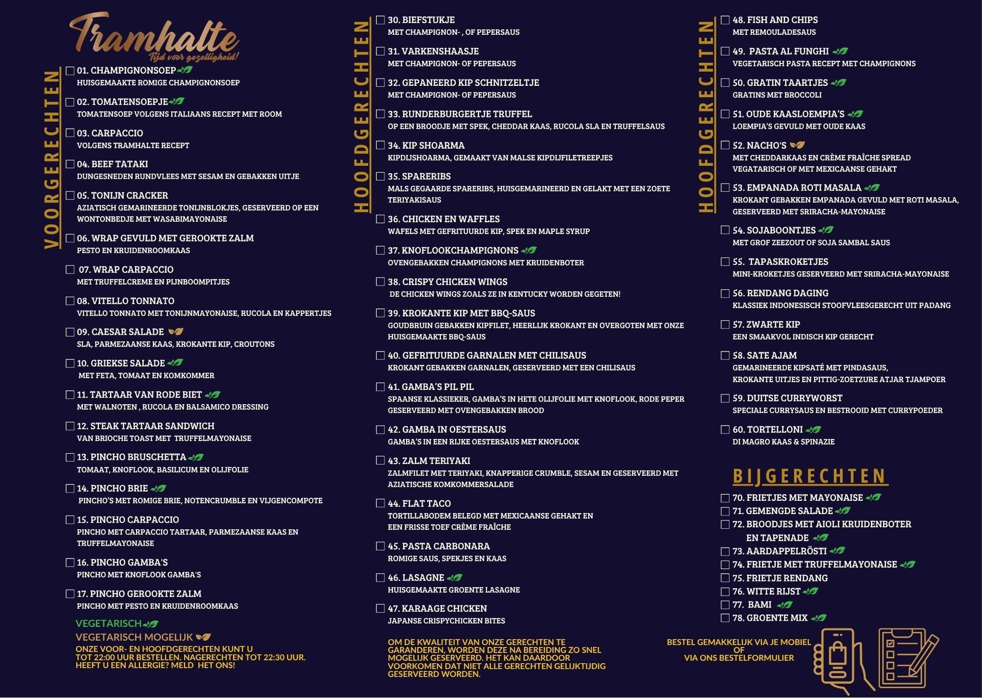 Menu voor restaurant Tramhalte & Plein 7 met opties voor voorgerechten, hoofdgerechten en desserts.
