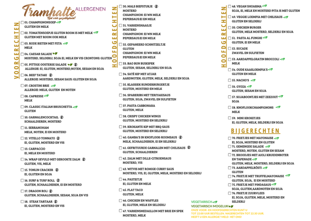 Menu voor restaurant Tramhalte & Plein 7 met opties voor voorgerechten, hoofdgerechten en desserts.