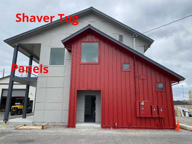 Modern building exterior with gray and red paneling; cloudy sky.