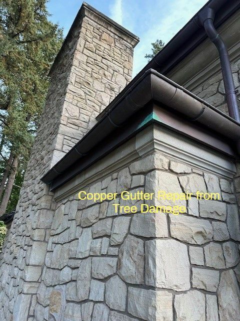 Stone building corner with copper gutters. Text: Copper Gutter Damage from Tree Damage.