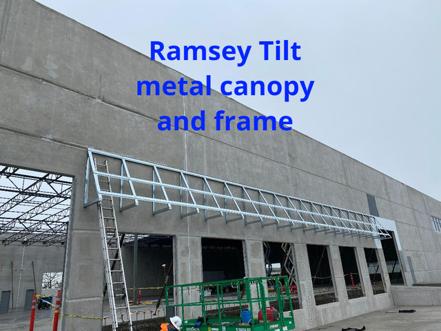Metal canopy and frame labeled 