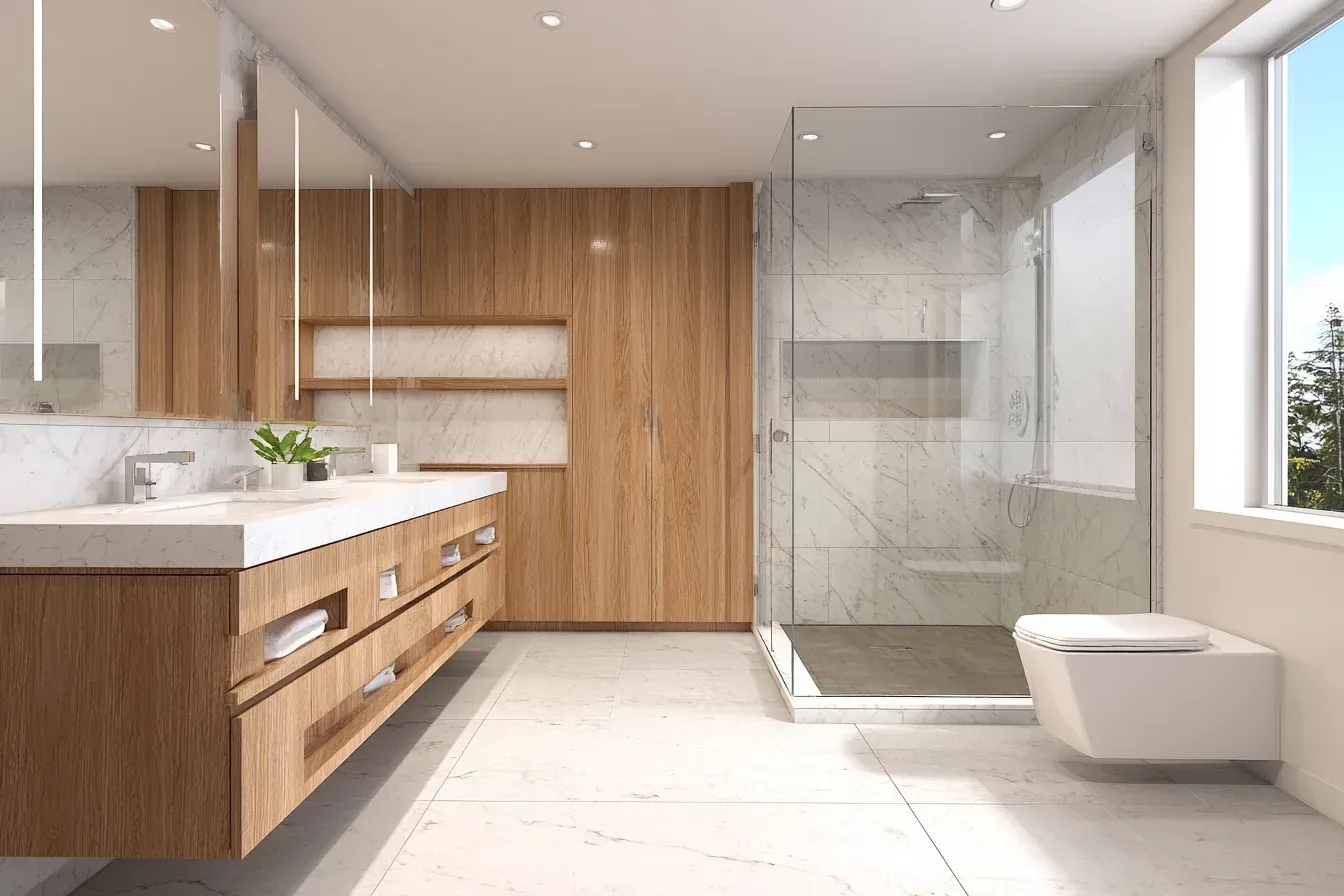 Bathroom renovation Richmond using matte porcelain walls, quartz slab surfaces, and premium plumbing upgrades.
Bathroom remodel Richmond BC applying polished ceramic surrounds, LED mirror lighting, and upgraded drain hardware.
Richmond bathroom renovations installing textured porcelain floors, quartz slab installations, and rainfall fixtures.
Bathroom renovation Richmond integrating large-format tile walls, floating cabinets, and frameless shower systems.
Bathroom remodel Richmond BC using polished tile flooring, quartz countertops, and premium plumbing valves.