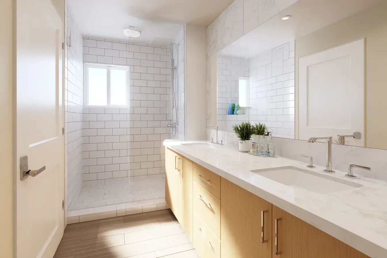 Bathroom renovation Richmond applying matte tile walls, LED vanity enhancements, and premium faucet upgrades.
Richmond bathroom remodel installing stone-look porcelain floors, quartz slab counters, and modern lighting fixtures.
Bathroom renovations Richmond BC using waterproof tile membranes, frameless shower doors, and upgraded valve systems.
Richmond bathroom renovation applying polished porcelain slabs, floating storage shelves, and premium rainfall fixtures.