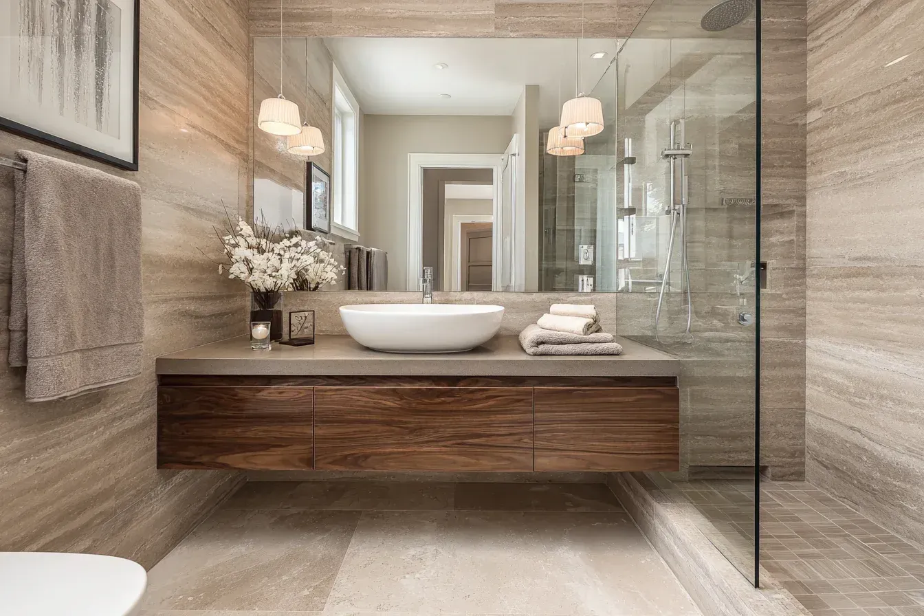 Bathroom remodel Richmond BC applying large-format stone-look tile walls, LED mirror accents, and upgraded drain components.
Richmond bathroom renovations integrating polished porcelain floors, floating cabinetry, and premium faucet sets.
Bathroom renovation Richmond using textured ceramic wall panels, quartz sinks, and rainfall shower systems.
Bathroom remodel Richmond BC installing matte tile floors, floating shelves, and frameless sliding shower enclosures.
Richmond bathroom renovations applying polished porcelain accents, quartz slab vanities, and modern shower controls.